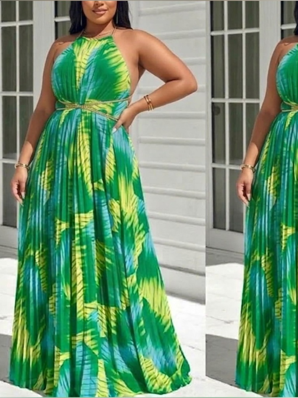 Green Tropical Halter Maxi Dress